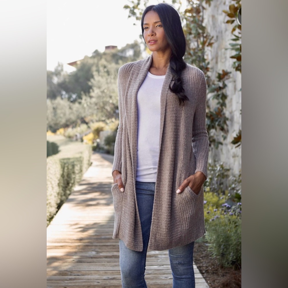 Barefoot Dreams Cozychic Lite Montecito Duster Cardigan Long Pockets Taupe Brown